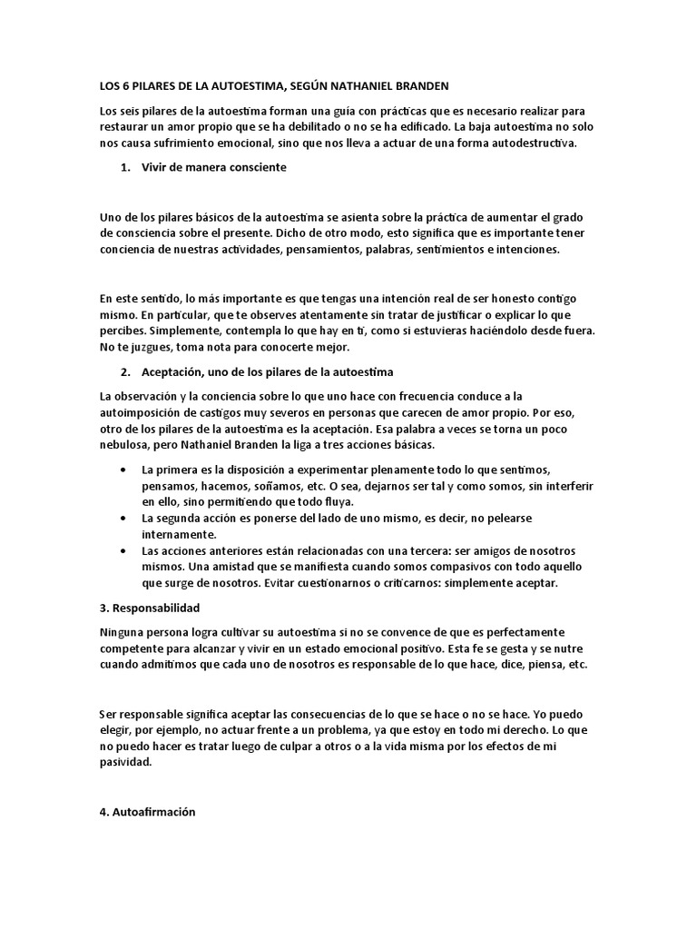 Los 6 Pilares de La Autoestima | PDF | Autoestima | Amor
