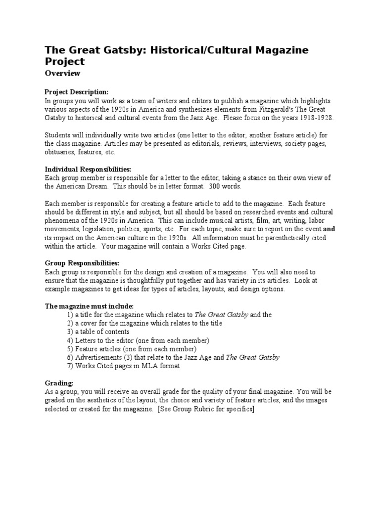 Great Gatsby Historical Cultural Magazine Project Citation Public Sphere