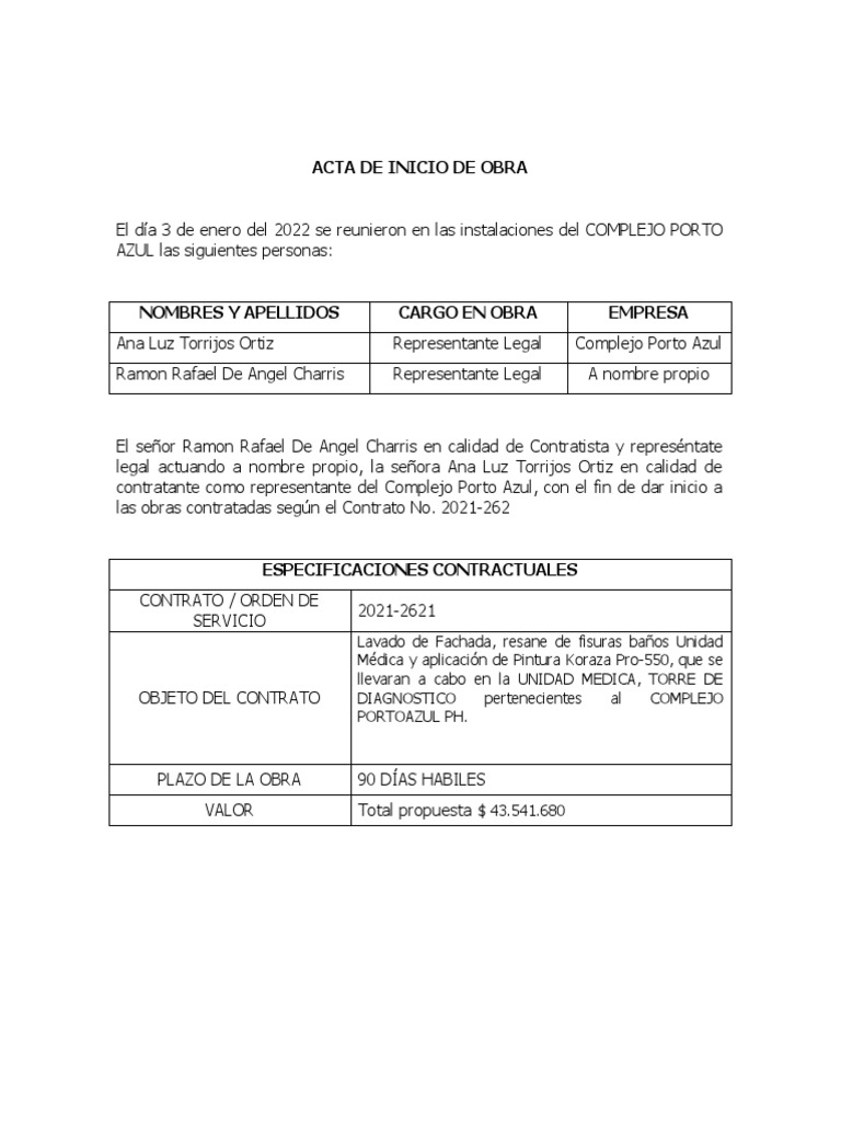 Acta de Inicio de Obra en Porto Azul | PDF