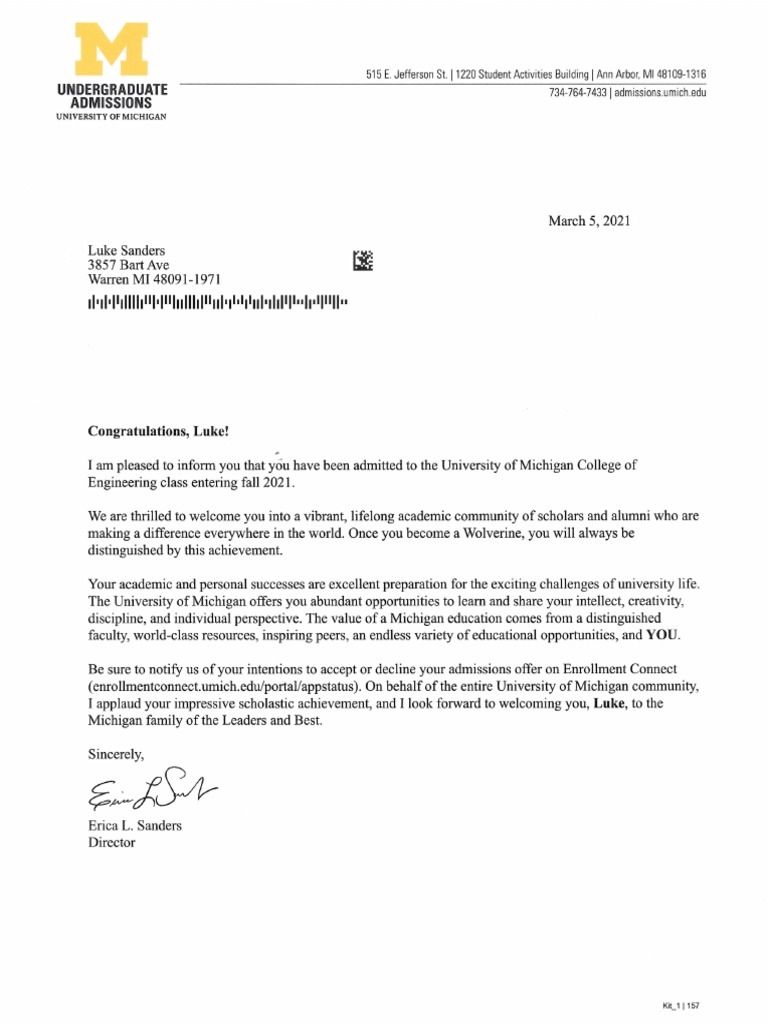 Umich Acceptance Letter PDF