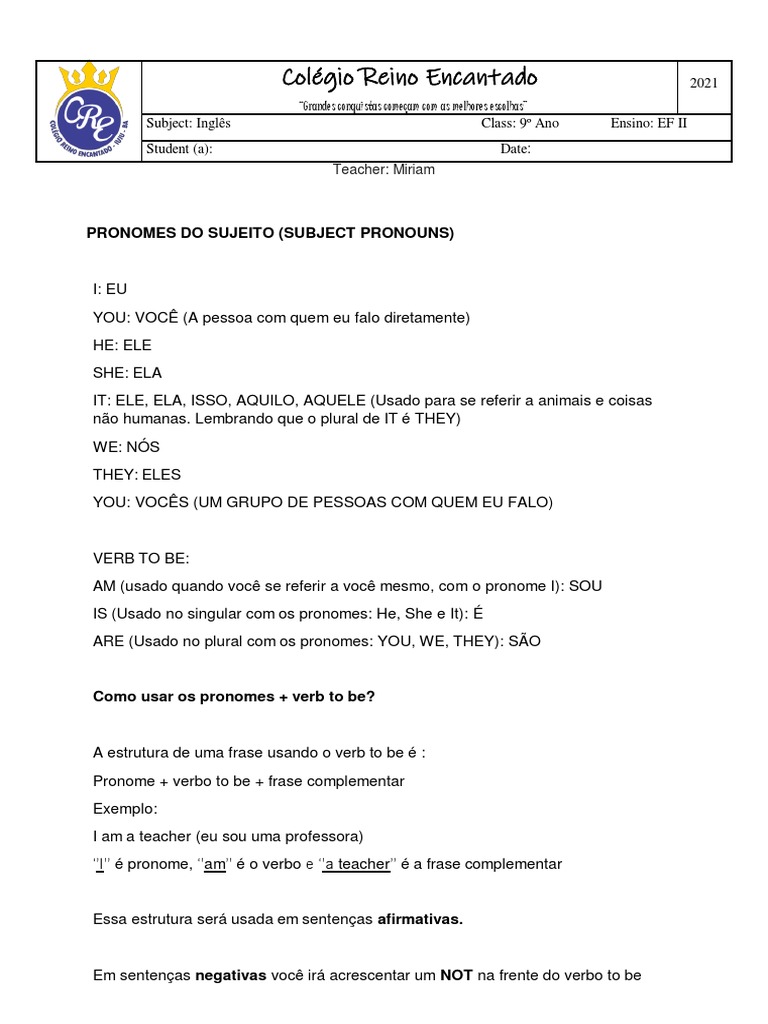 Pronomes e Verbos em Inglês: Guia Completo | PDF | Assunto (gramática ...