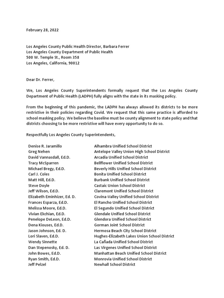 Mask Letter To LA County Department of Public Health | PDF | California ...