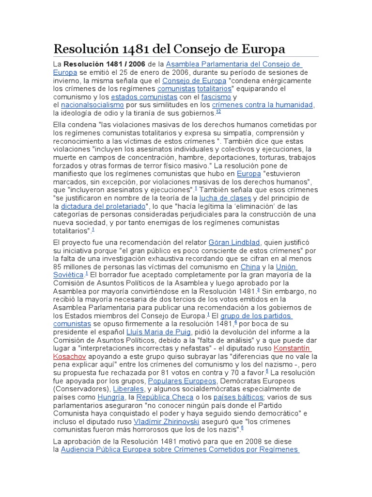 Resolución 1481 Del Consejo de Europa PDF Teorías políticas Gobierno