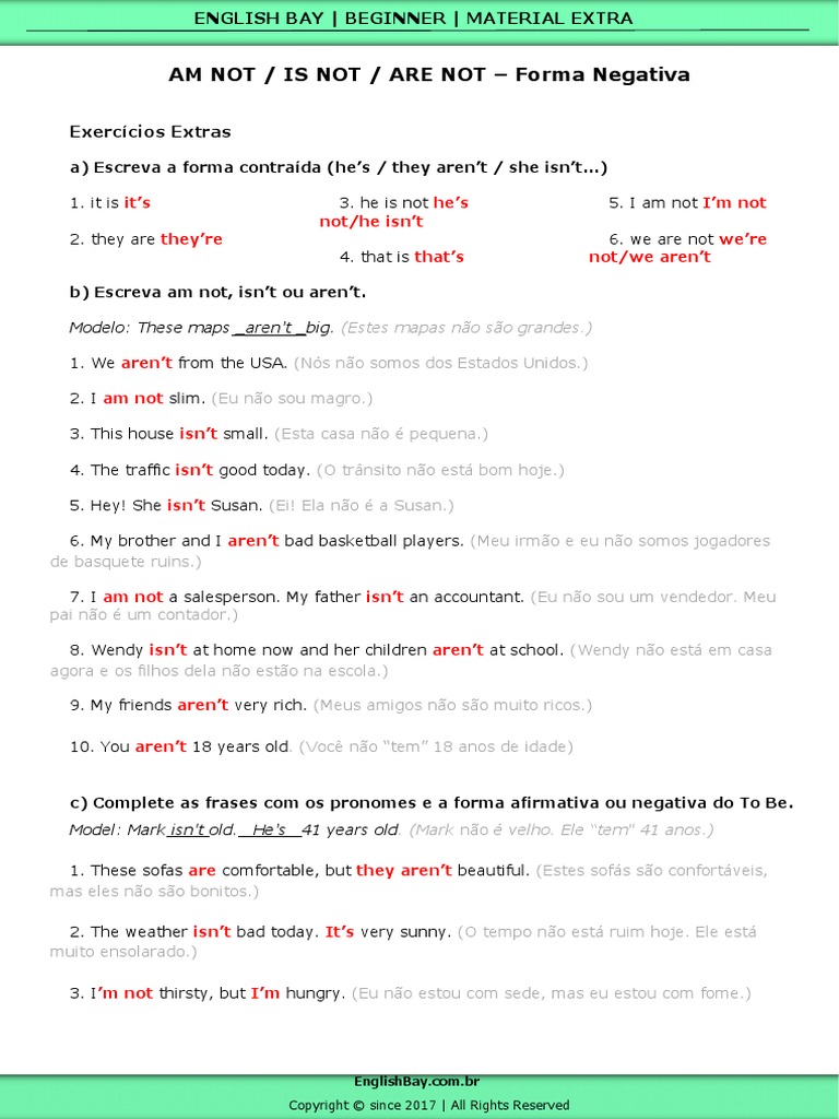Verbo To Be - Presente Simples - Forma Negativa - Exercícios Respostas ...