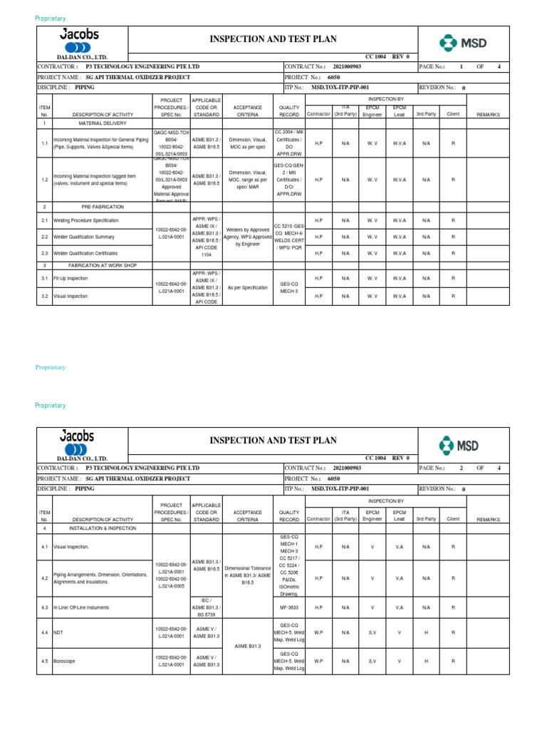 Inspection and Test Plan: Acceptance | PDF | Mechanical Engineering ...