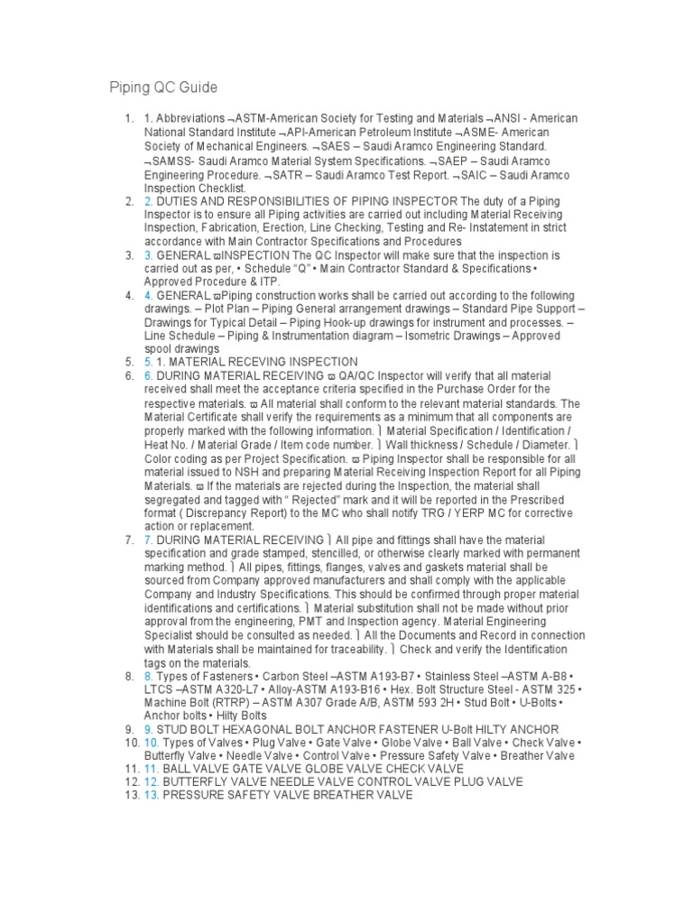 Piping QC Responsibilities Guide | PDF | Pipe (Fluid Conveyance) | Valve