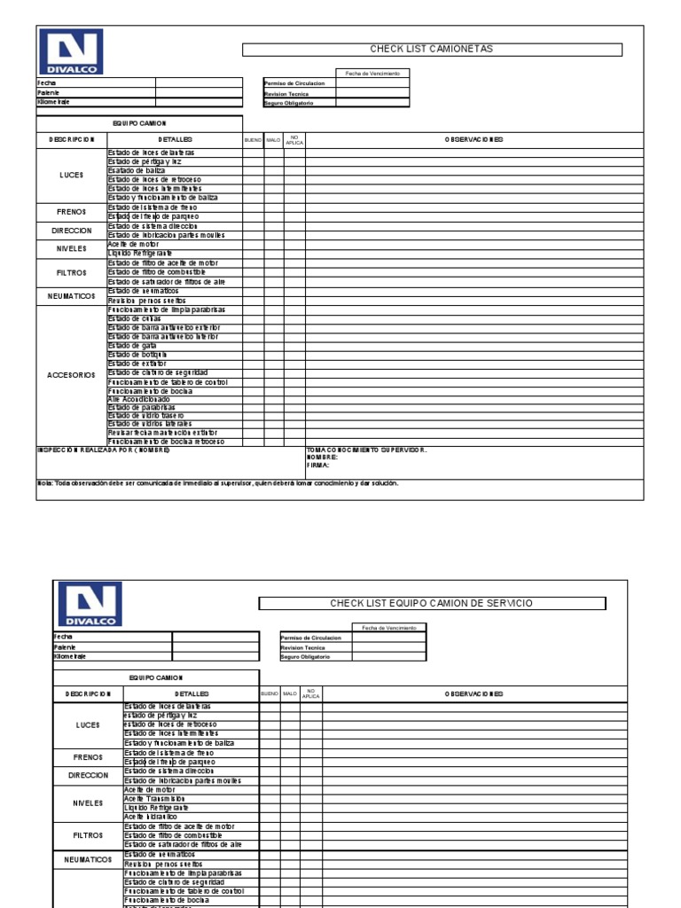 Check List Oficial Divalco | PDF | Neumático | Clavo (anatomía)