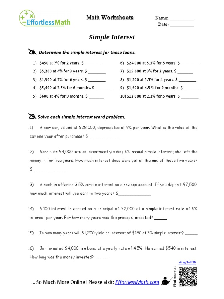 Simple Interest: Math Worksheets | PDF | Interest | Political Economy