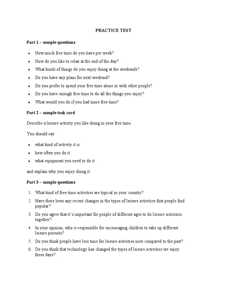 Practice Test Part 1 - Sample Questions | PDF | Leisure | Hobbies