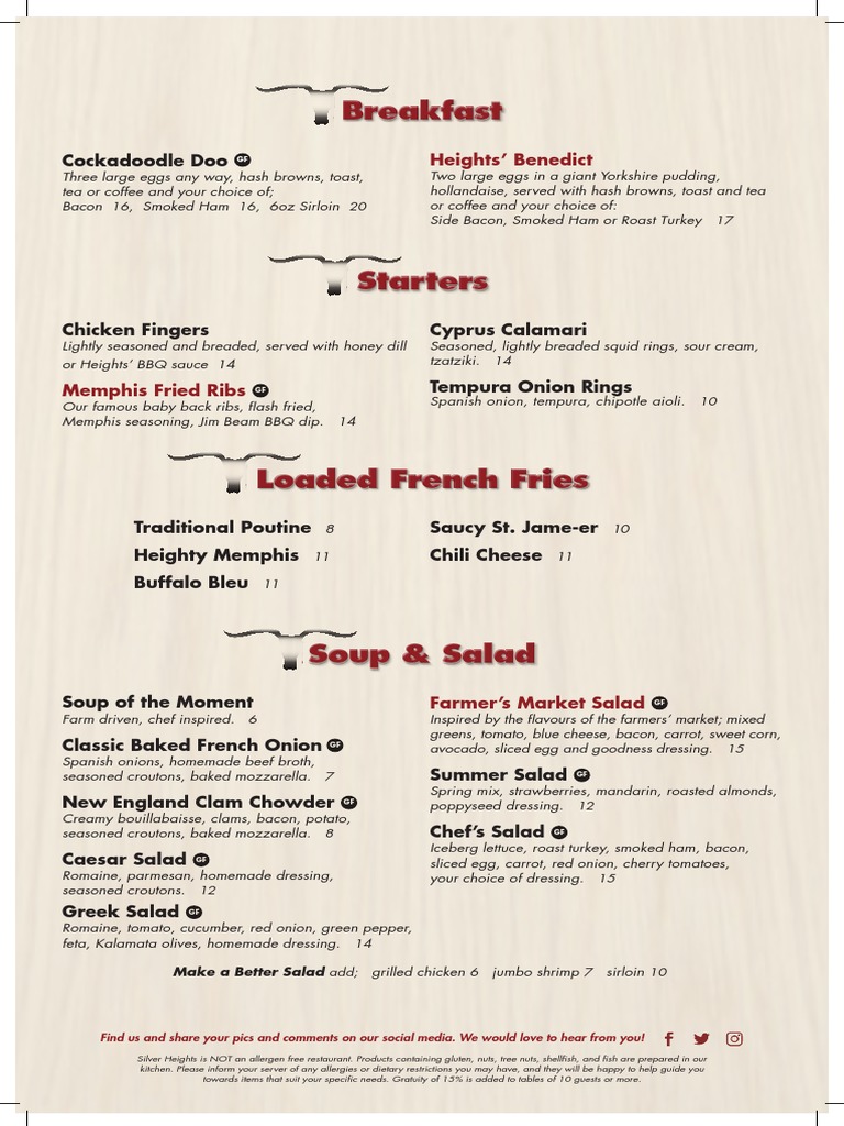 Silver Heights Lunch Menu PDF Bacon Salad
