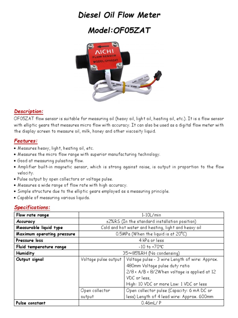 Aichi Flow Sensor Datasheet PDF Flow Measurement Liquids