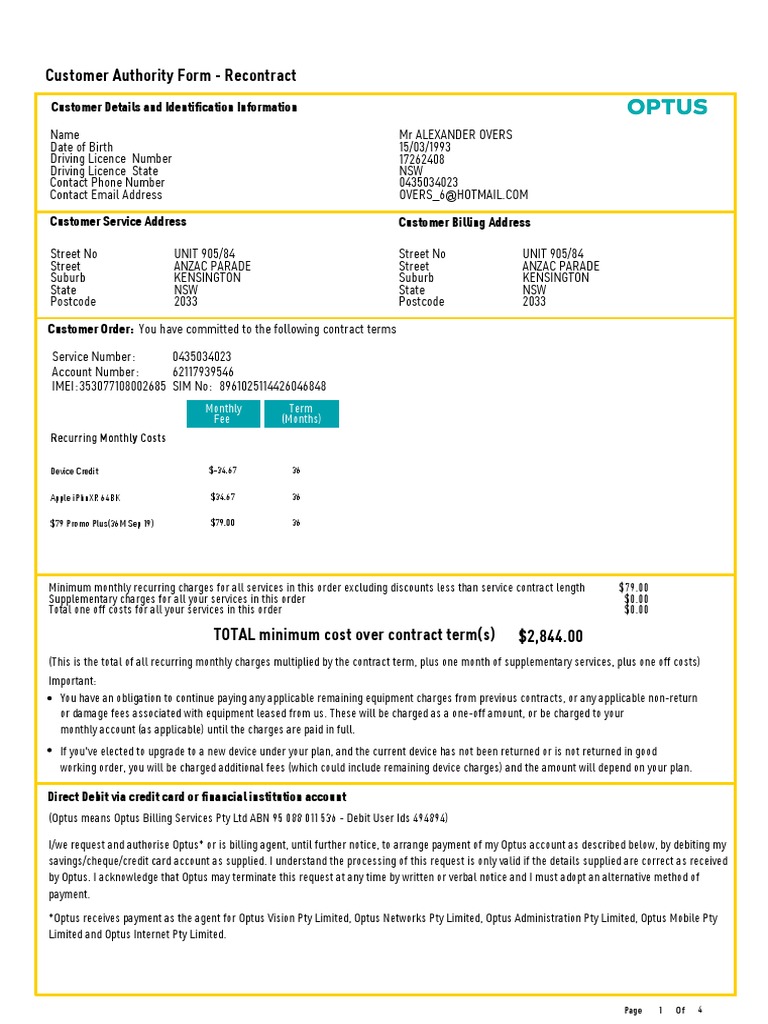 Optus Australia Bill PDF Debit Card Credit Card