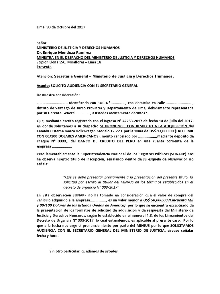 Solicito Audiencia A La Minjus | PDF | Derecho