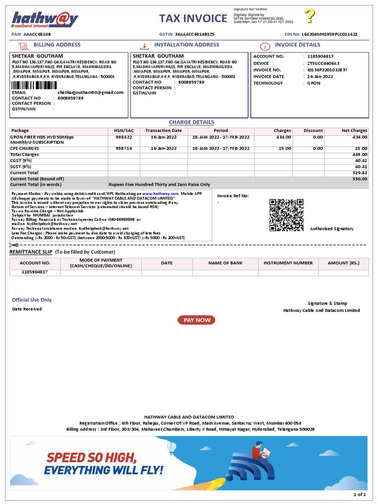 Tax Invoice Billing Address Installation Address Invoice Details PDF
