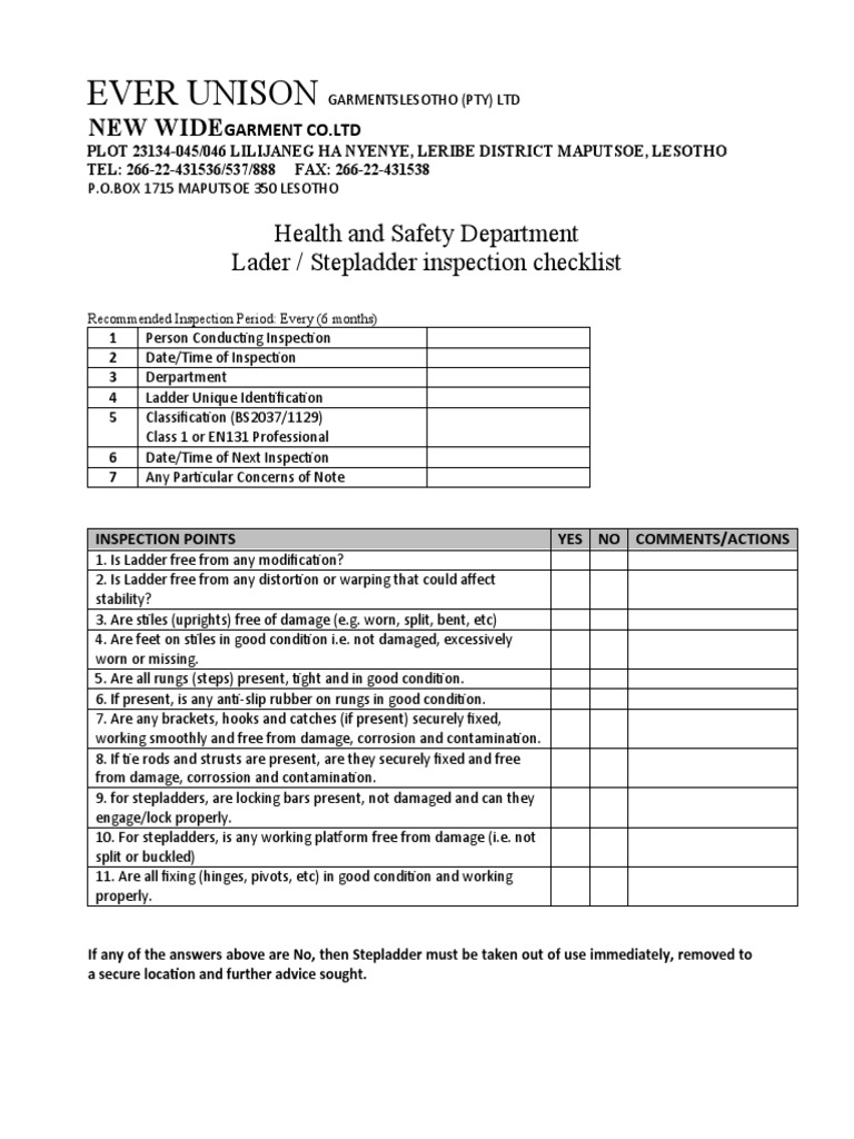 Ladder or Stepladder Inspection Checklist PDF
