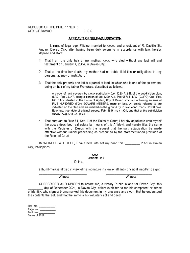 Legal Forms Affidavit of Self Adjudication | PDF | Affidavit | Document