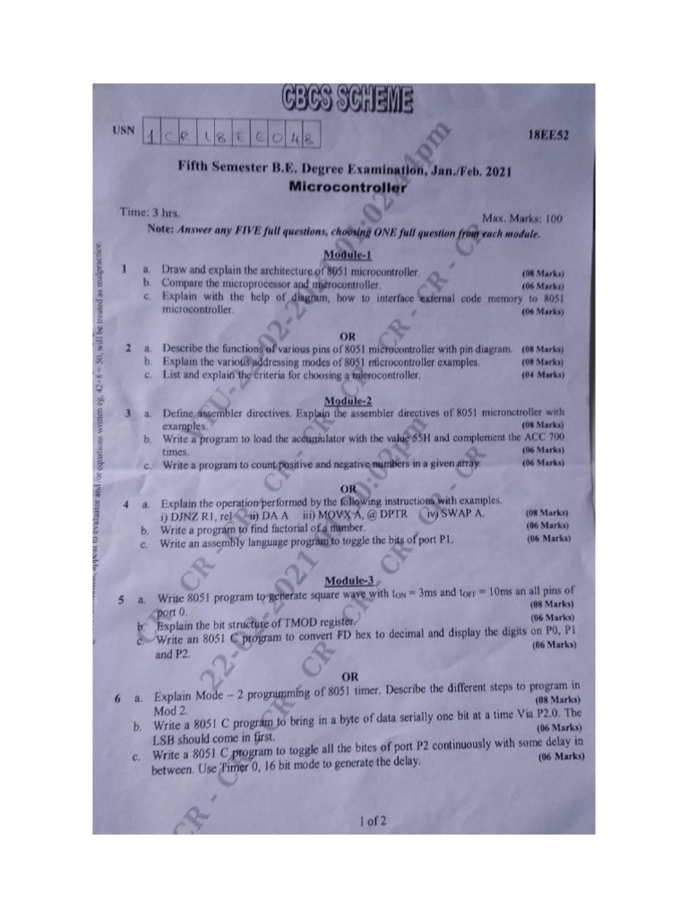 VTU Exam Question Paper With Solution of 18EE52 Microcontrollers Feb