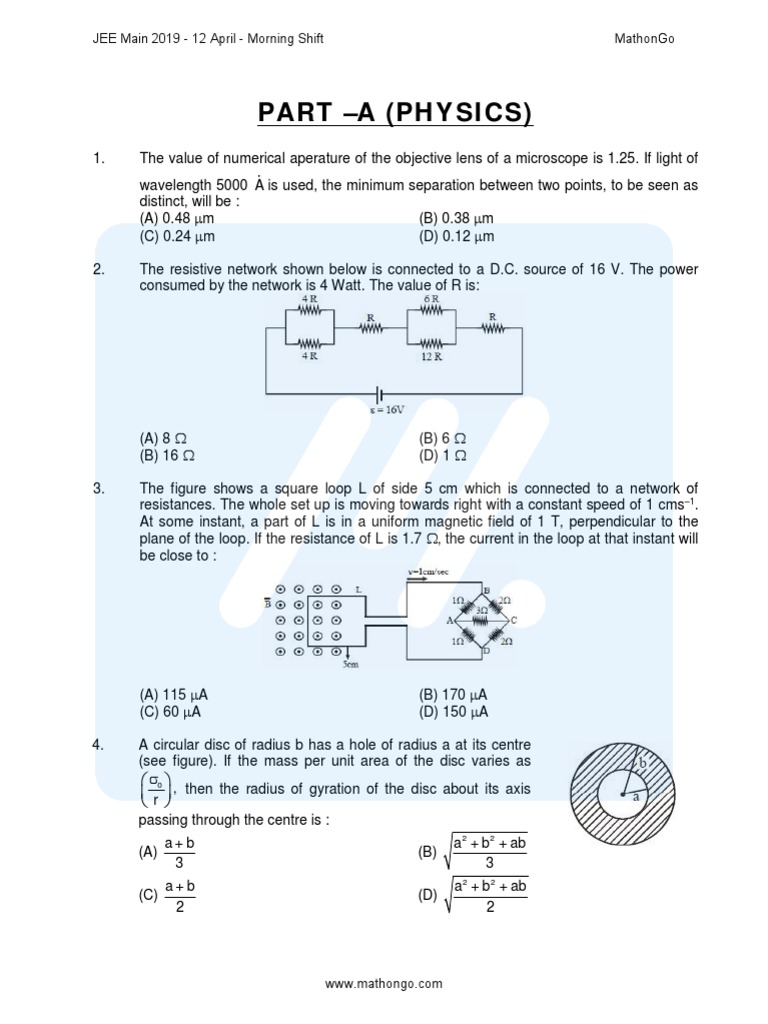 JEE Main 2019 Physics Problem Set | PDF | Capacitor | Mole (Unit)