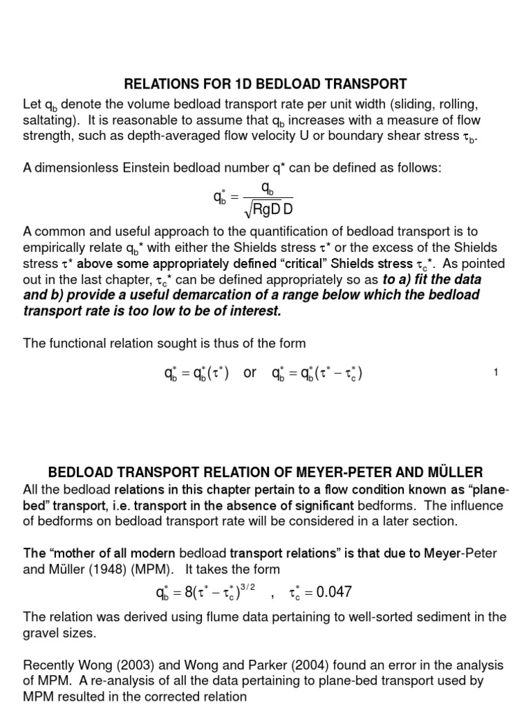 Relations For 1D Bedload Transport D RGD Q Q PDF Earth Sciences