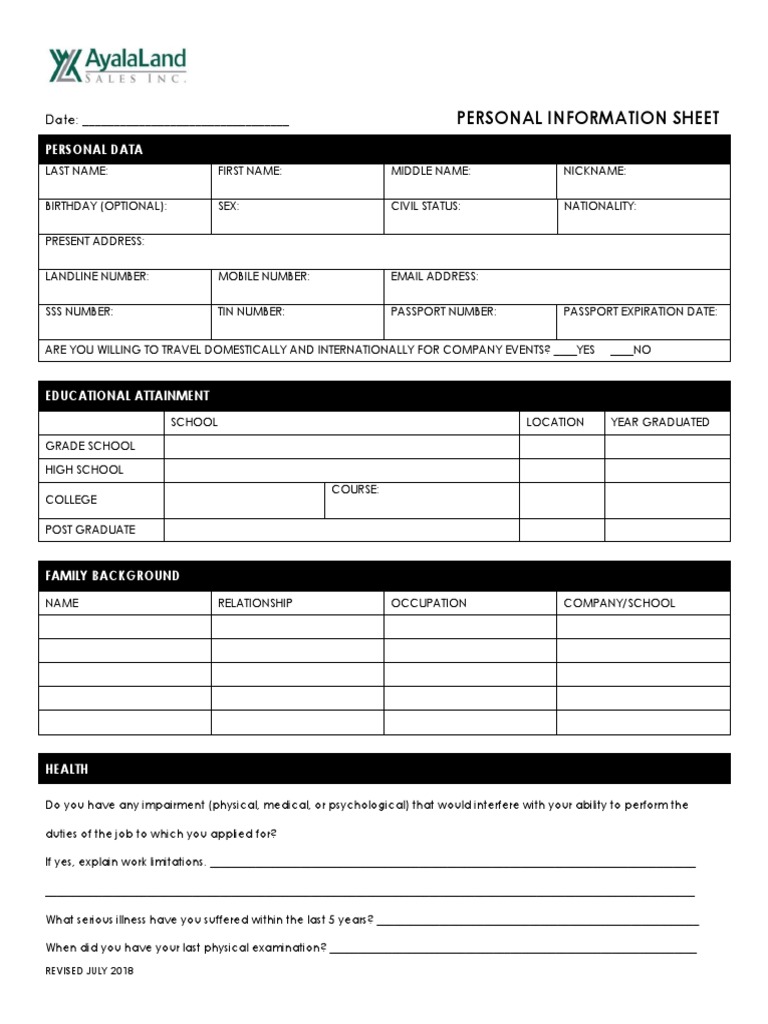 Personal Information Sheet Template | PDF | Career & Growth