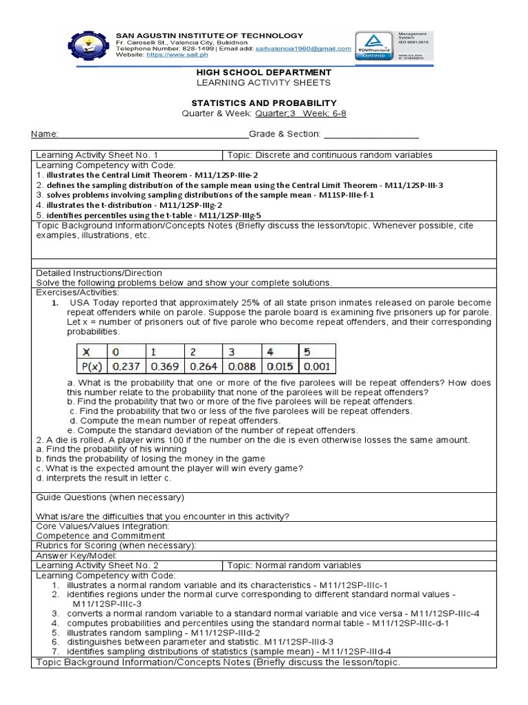 High School Statistics Worksheets | PDF | Normal Distribution | Statistics