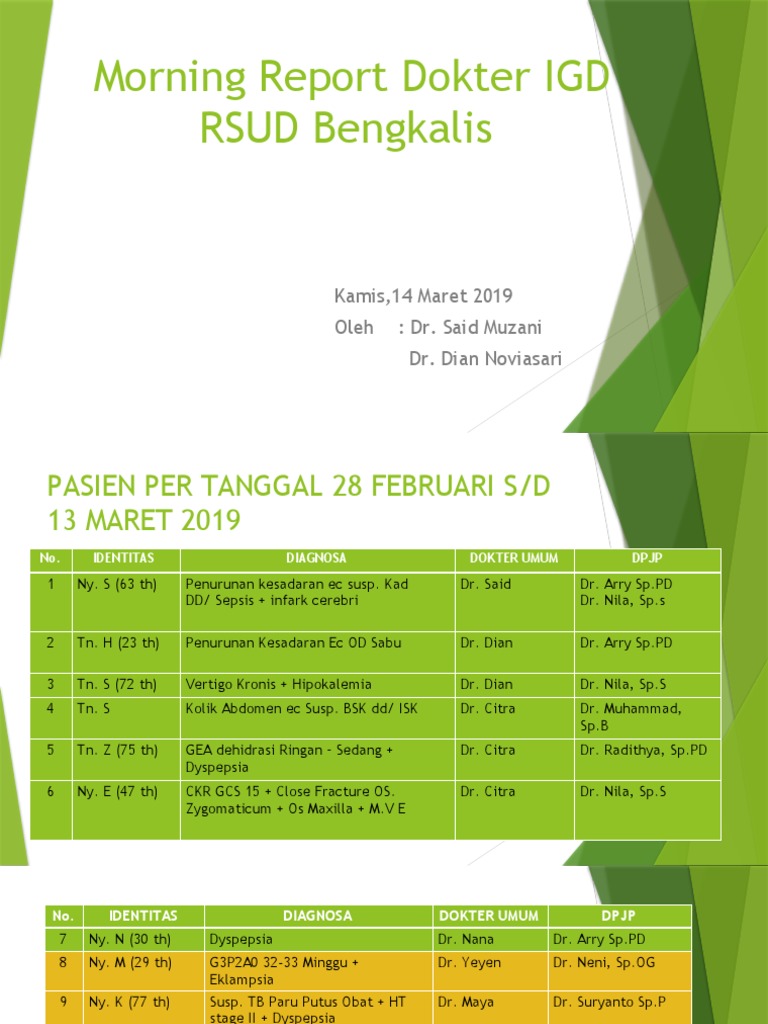 Morning Report Dokter IGD RSUD Bengkalis: Kamis, 14 Maret 2019 Oleh: Dr ...