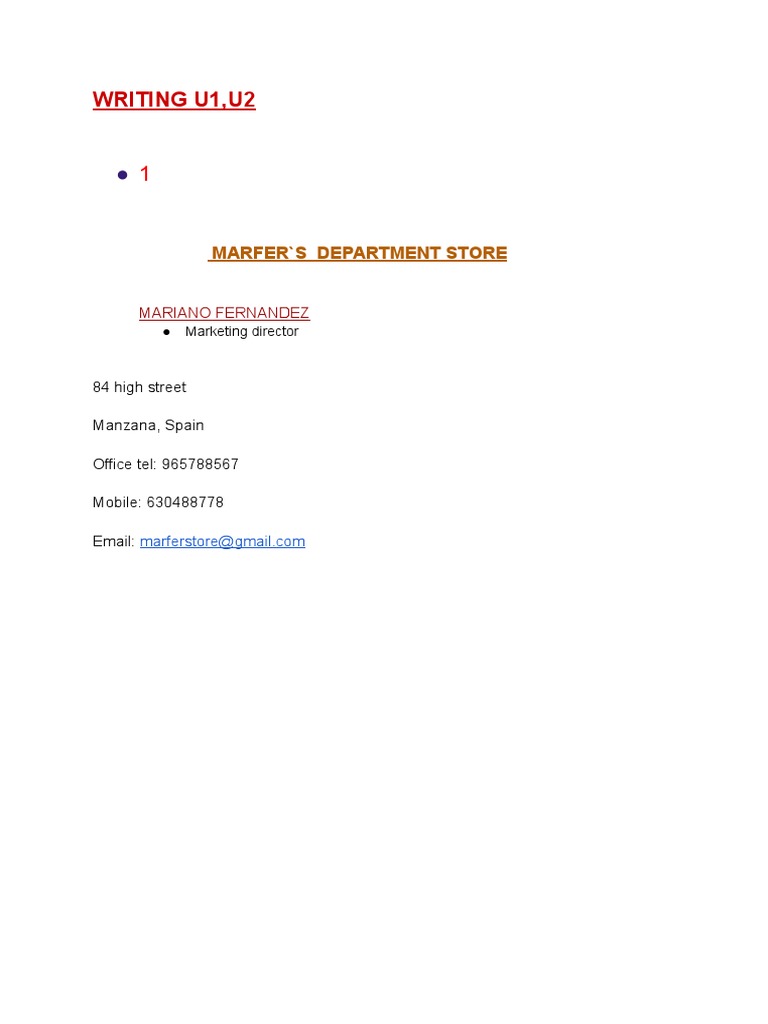 Writing U1, U2: Marfer'S Department Store | PDF