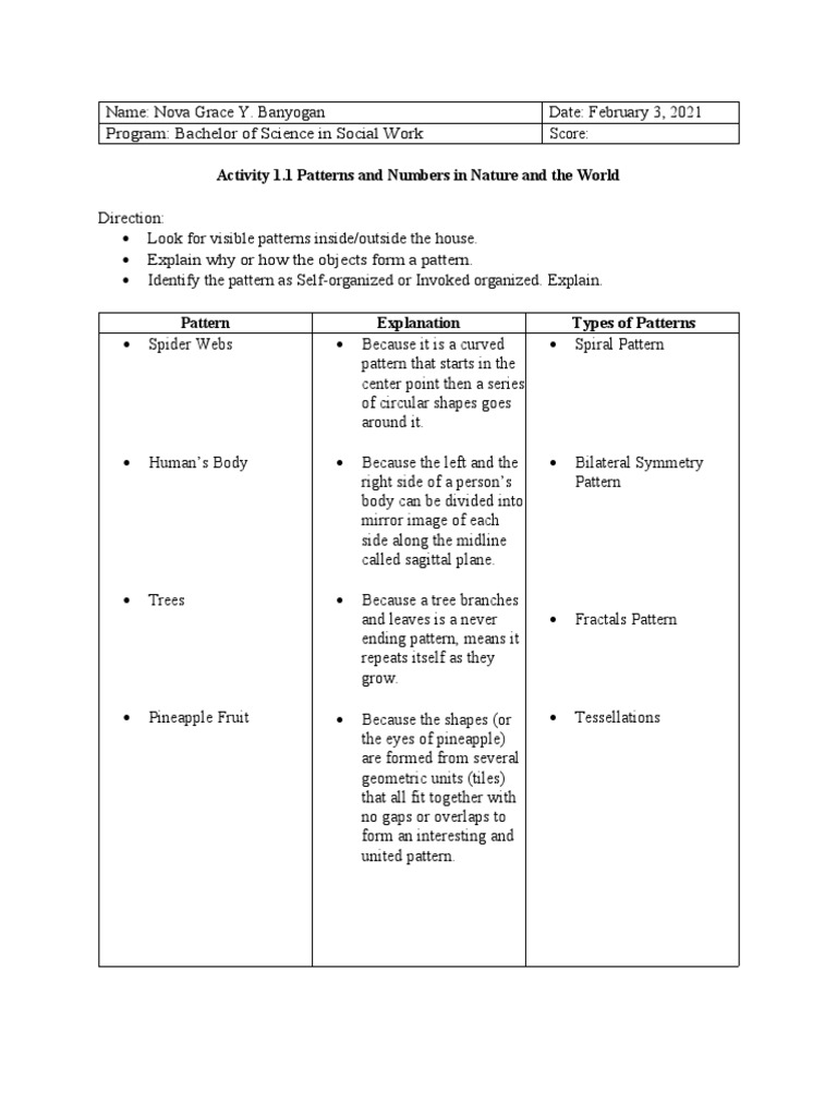 Activity 1.1 Patterns and Numbers in Nature and The World | PDF