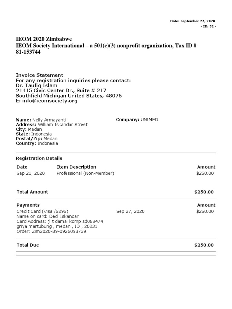 IEOM 2020 Zimbabwe Invoice Statement | PDF | Finance & Money Management