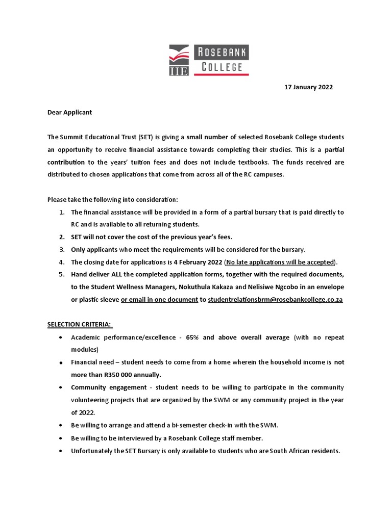 SET Bursary Application Form 2022 BRM PDF