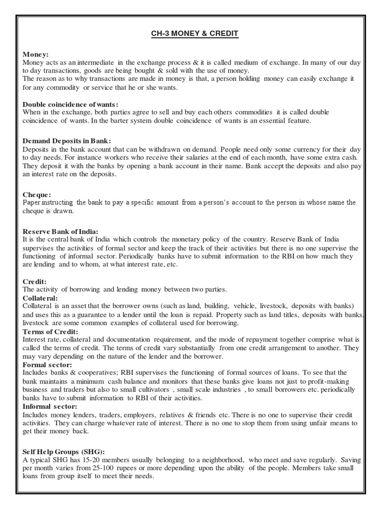 Money - Credit Class 10 | PDF | Money | Banks