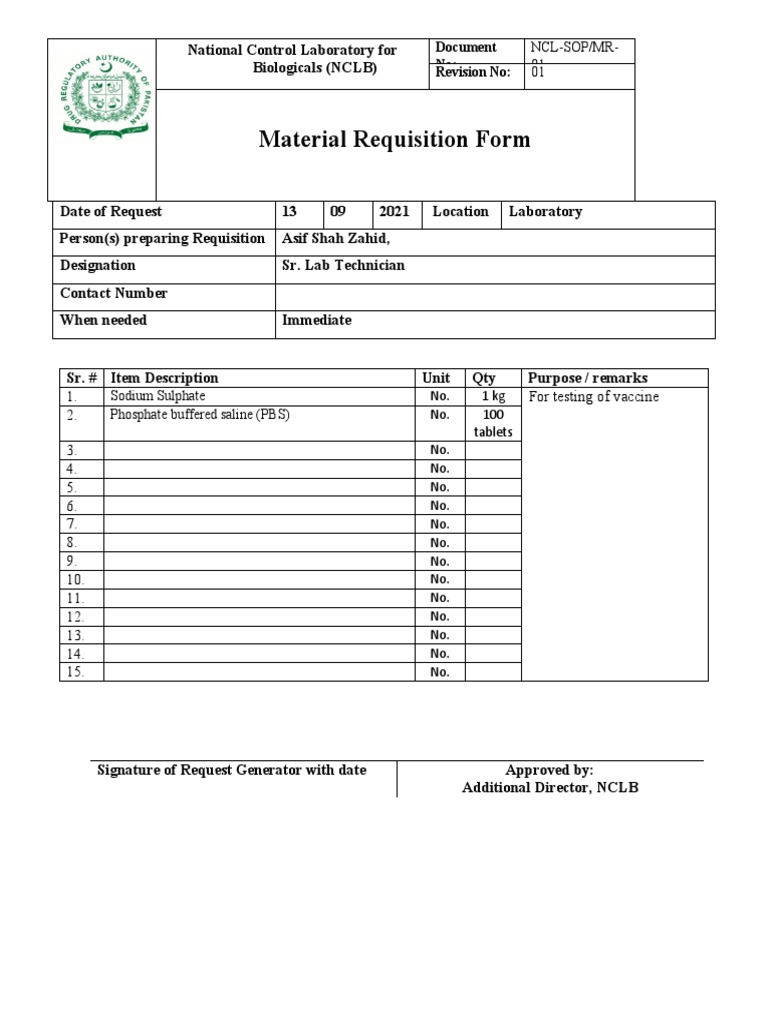 Laboratory Material Requisition Form | PDF