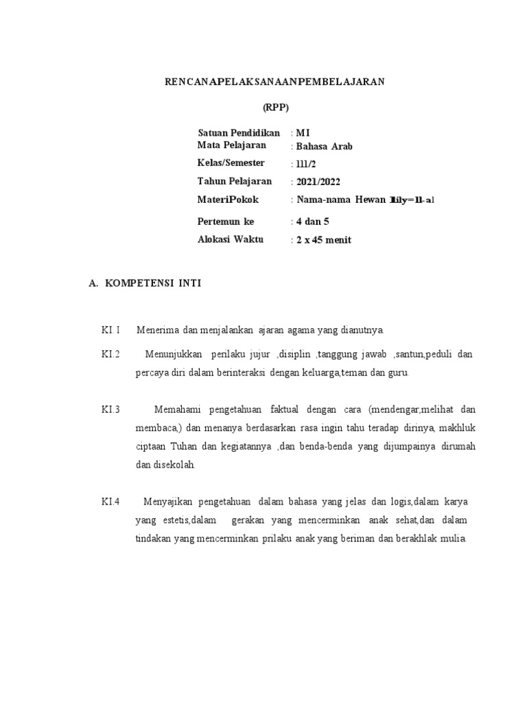RPP Bahasa Arab: Nama-nama Hewan | PDF | Karier & Perkembangan | Seni ...
