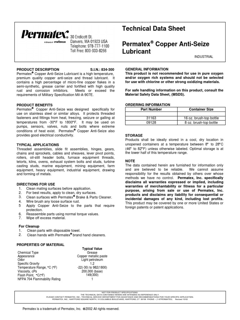 Technical Data Sheet Permatex Copper AntiSeize Lubricant PDF