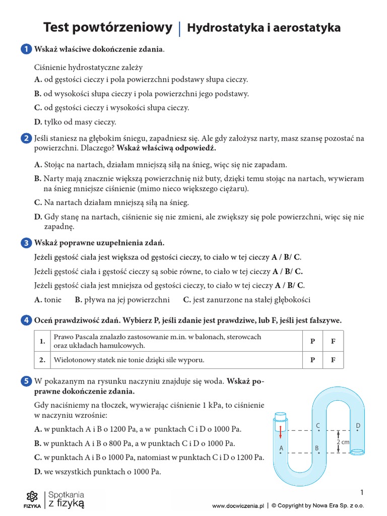 Fizyka Klasa 7 Sprawdzian Hydrostatyka I Aerostatyka III Test Dodatkowy Hydrostatyka I Aerostatyka | PDF