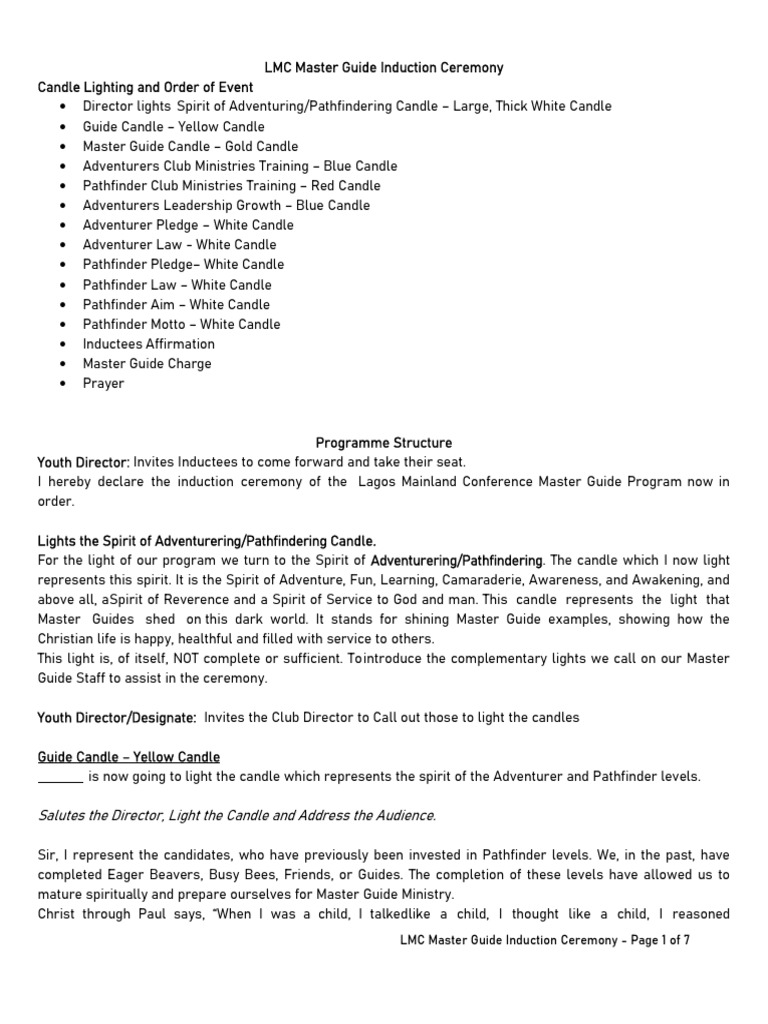 LMC Master Guide Induction Ceremony Guide | PDF | Jesus | Prayer