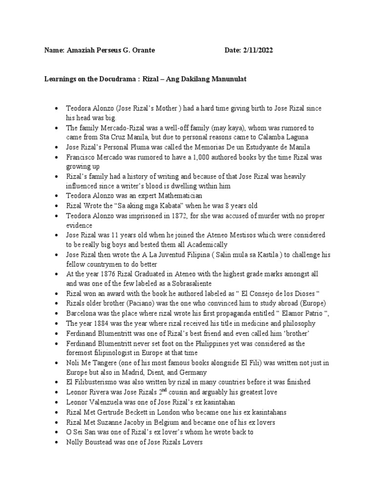 Pluma Ni Rizal (Learnings) | PDF | Philippines