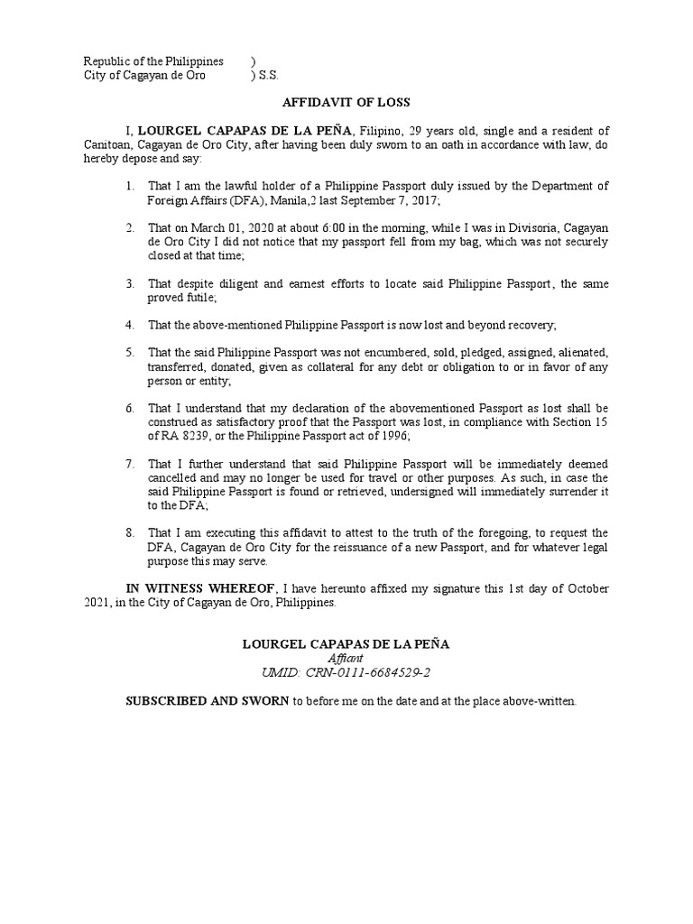 Affidavit of loss passport pdf