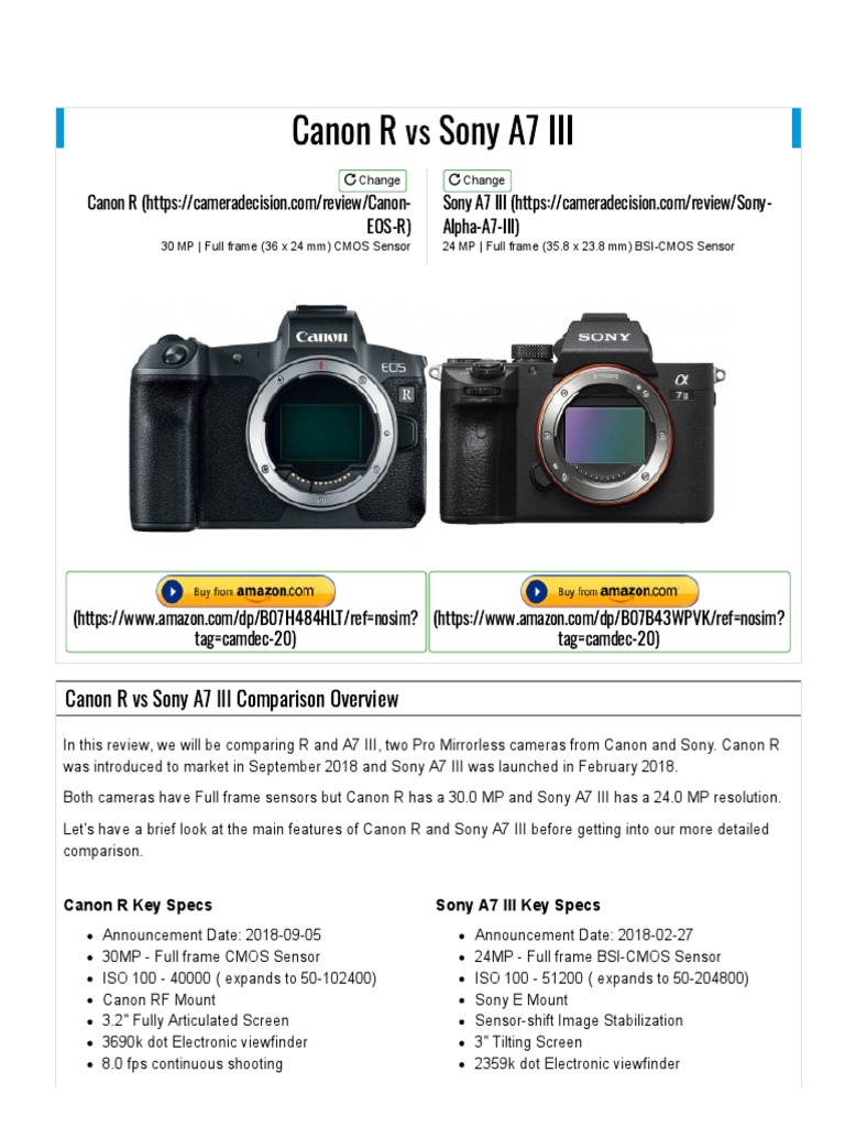 Canon R Vs Sony A7 III Detailed Comparison PDF Autofocus Camera Lens