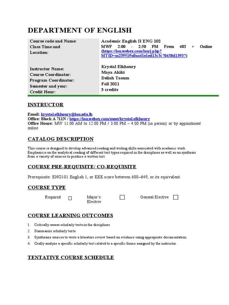 ENG 102 Syllabus Fall 2021 | PDF | Course Evaluation | Plagiarism