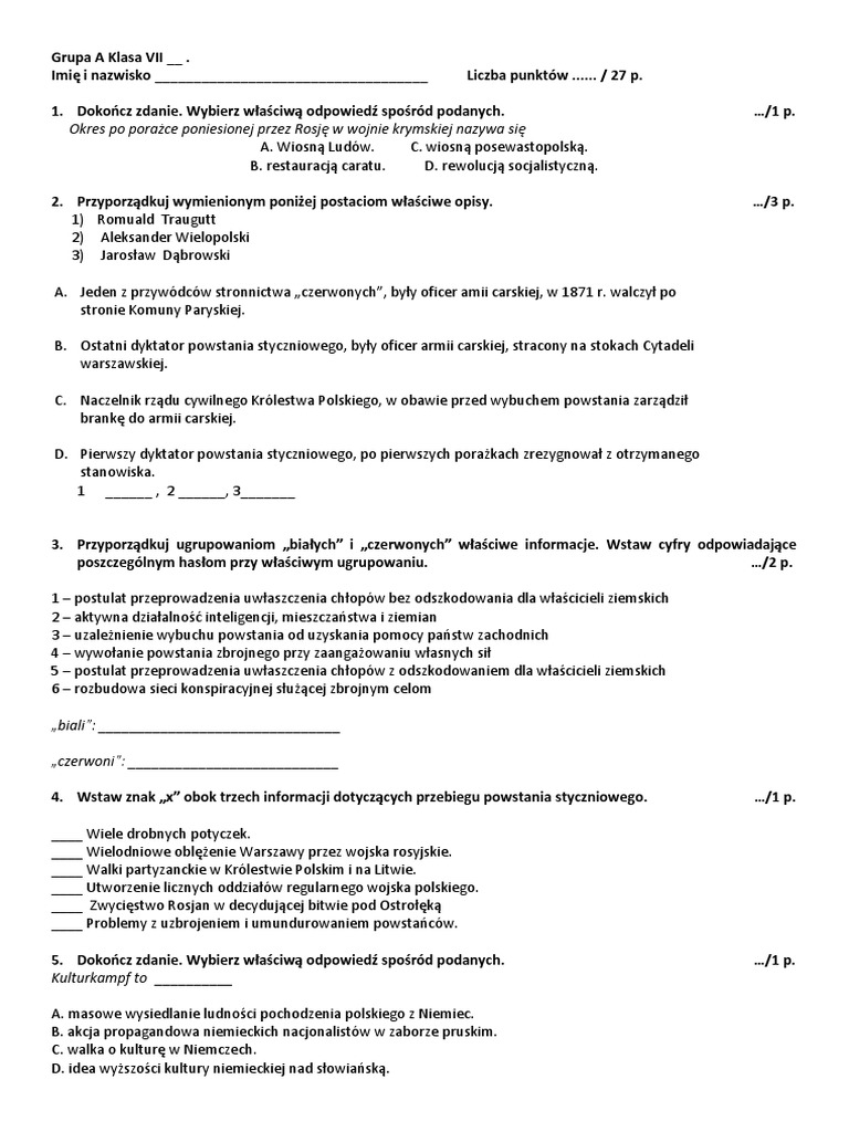 Historia Sprawdzian Klasa 7 Ziemie Polskie Po Wiośnie Ludów Gr. A - Spr. - r.IV - Ziemie Polskie Po Wiośnie Ludów | PDF