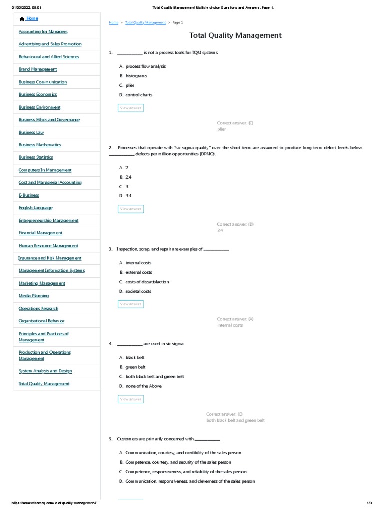 TQM Multiple Choice Questions & Answers | PDF | Six Sigma | Quality ...
