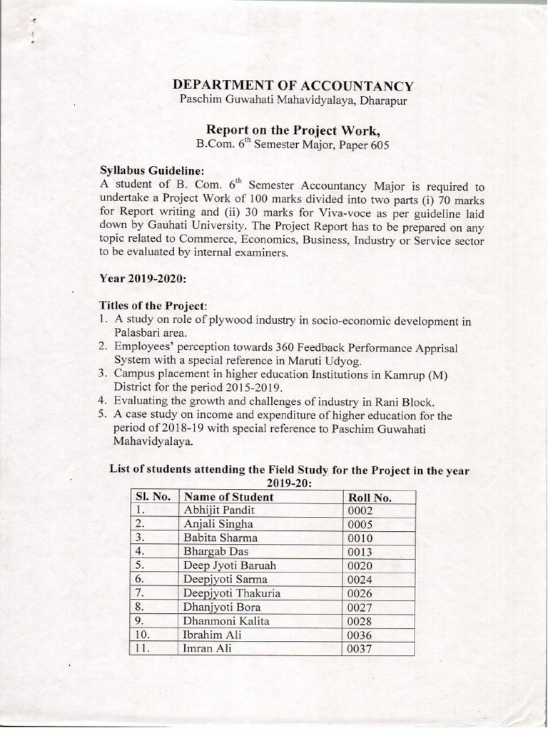 6th Sem Accountancy Major (Project Work) | PDF