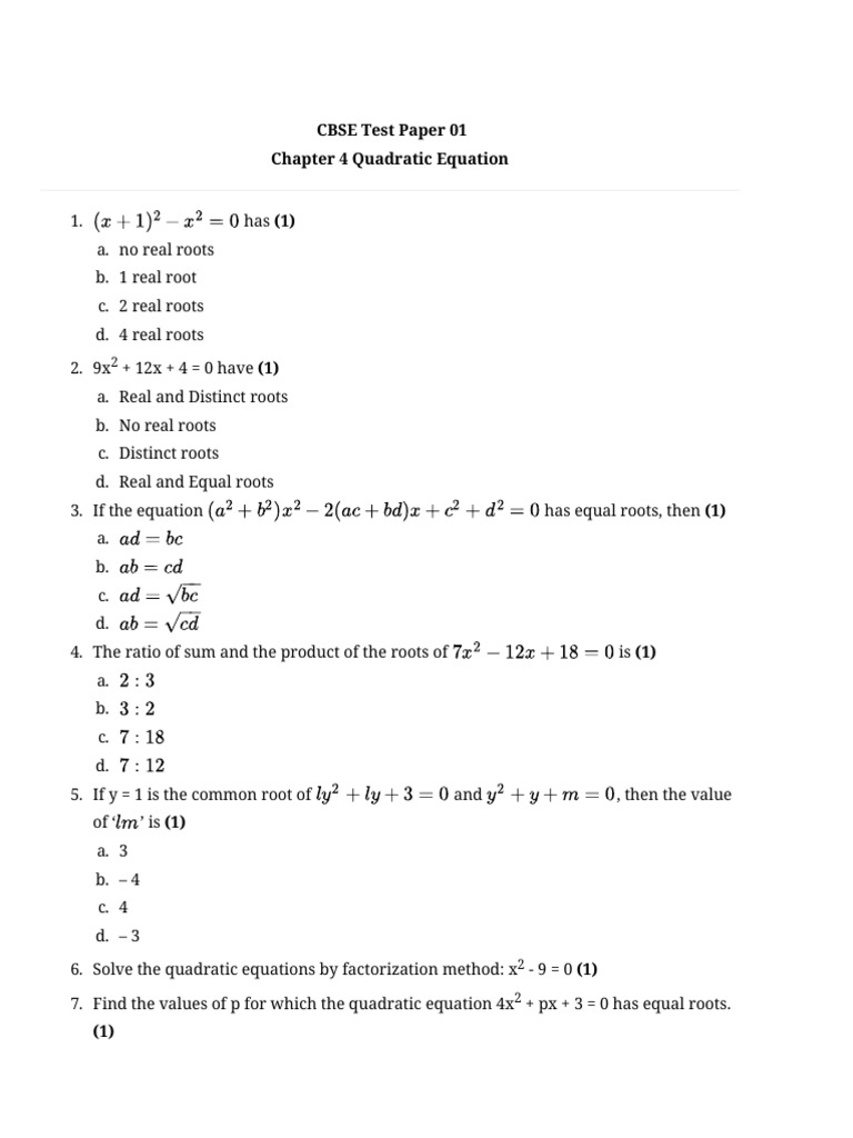 Quadratic Equations Test | PDF | Quadratic Equation | Mathematical Analysis