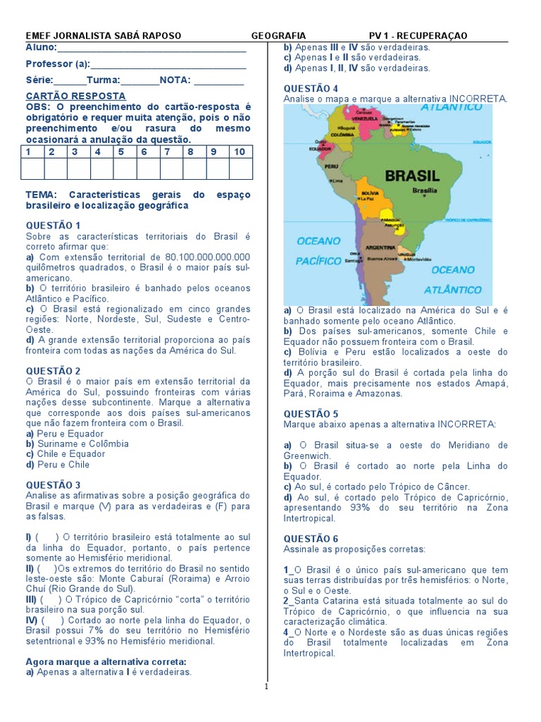 7° Ano - 1° Bimestre - 1 - Geografia | PDF | Brasil | América do Sul