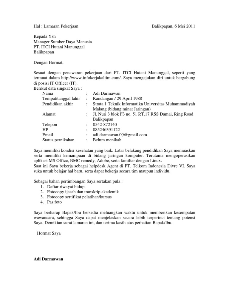 Contoh Surat Lamaran Kerja Pt Telkom