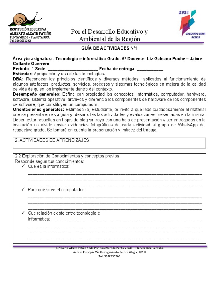 Guia de Actividades Grado 6 Tecnologia e Informatica 2021 | PDF ...