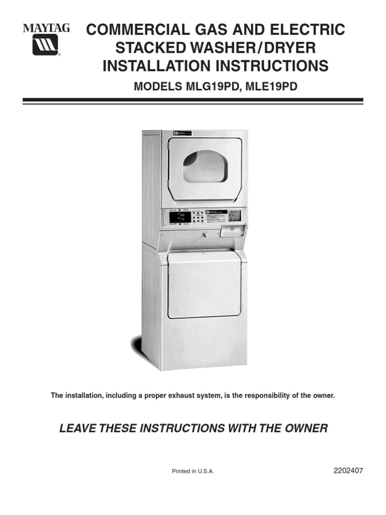 Maytag Installation Instructions for Washer Dryer Models MLG19PD, MLE19PD |  Duct (Flow) | Clothes Dryer