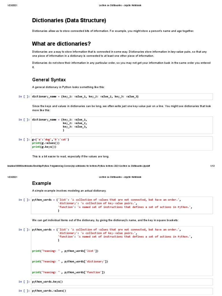 Lecture On Dictionaries Jupyter Notebook PDF Python (Programming