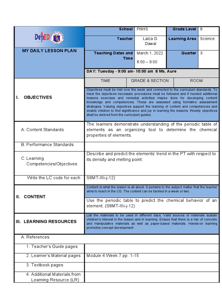 Grade 8 Science Lesson Plan: Periodic Table | PDF | Chemical Elements ...
